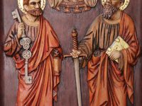 PERUVIAN RELIEF SCULPTURE DEPICTS STS. PETER AND PAUL