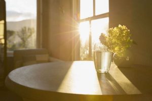 glass and vase on table in the early morning