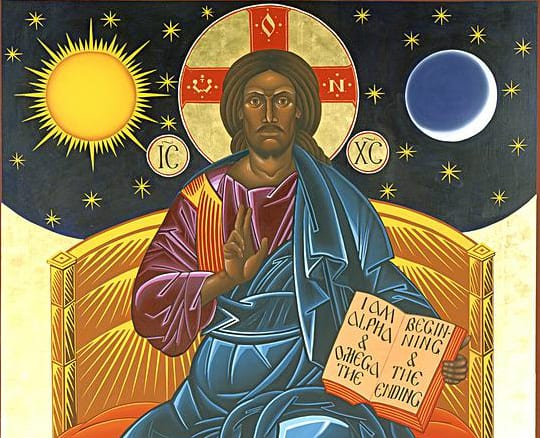 jesus christ enthroned icon mark dukes alpha omega sun moon stars  pantocrator - Crossroads Initiative