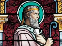 saint St. irenaeus of Lyons stained glass link to the apostles church father june 28 podcast