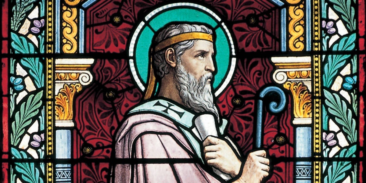 saint St. irenaeus of Lyons stained glass link to the apostles church father june 28 podcast