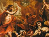 Teresa of Avila, red, dove, angels, Christ, 1200×600