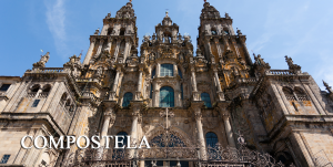 View of main entrance boroque facade of Santiago de Compostela cathedral in Spain