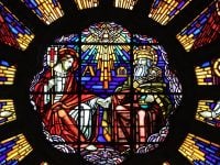 The Holy Trinity, Stained glass, yellow, blue, 1200×600